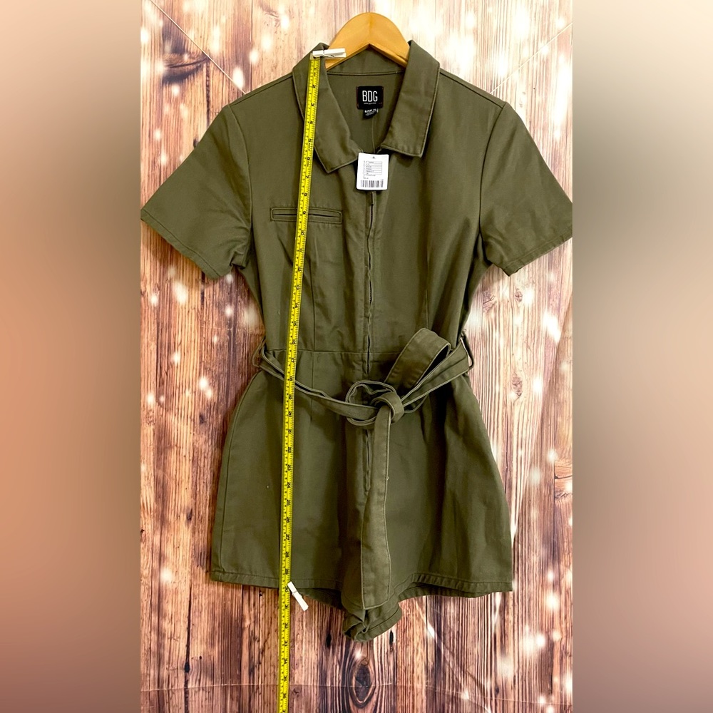 Urban Outfitters BDG Romper Army Olive Green Tie Waist Short Sleeve Zip Up